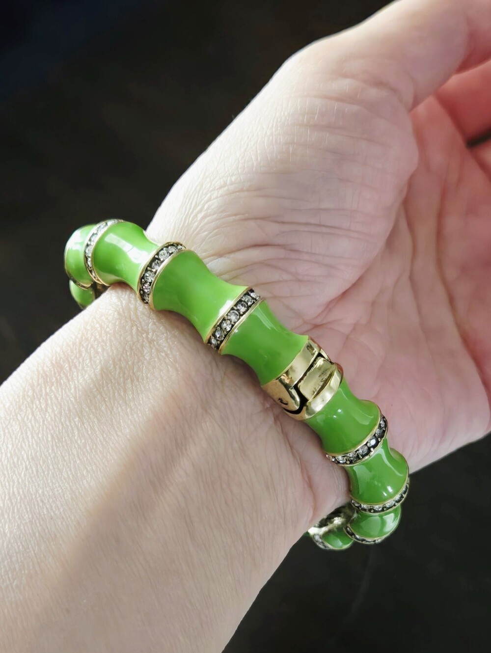 Heidi Daus Neon Green Enamel Bamboo-Style Hinged Bracelet with Clear Crystals - Picture 2 of 16